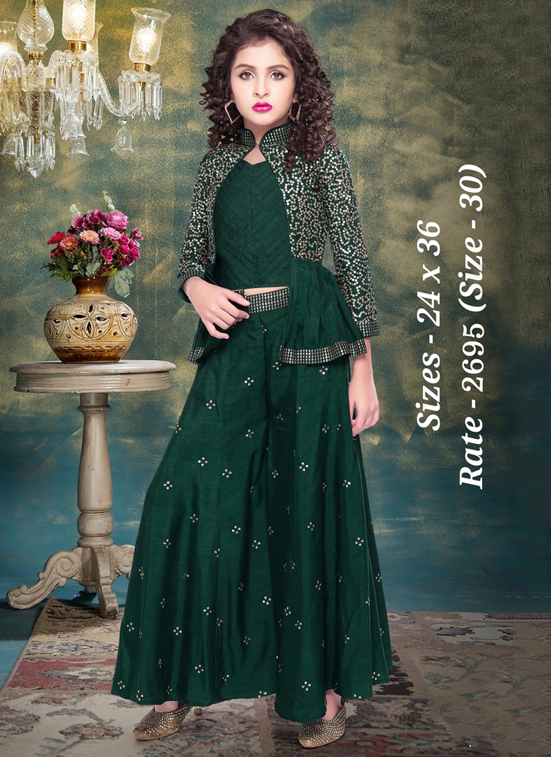 Green Stylish Crop Top With Fancy Palazzo And Jacket (Set Of 7 Pcs) Catalog